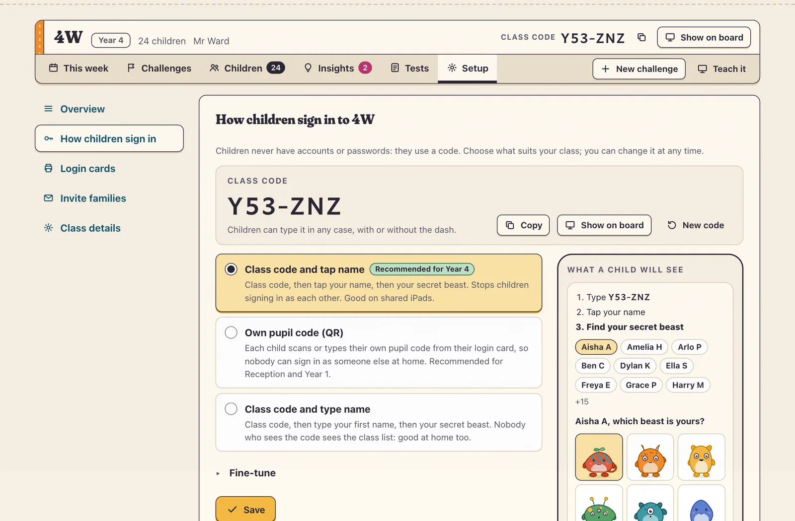 How children sign in, with a preview of exactly what a child will see.