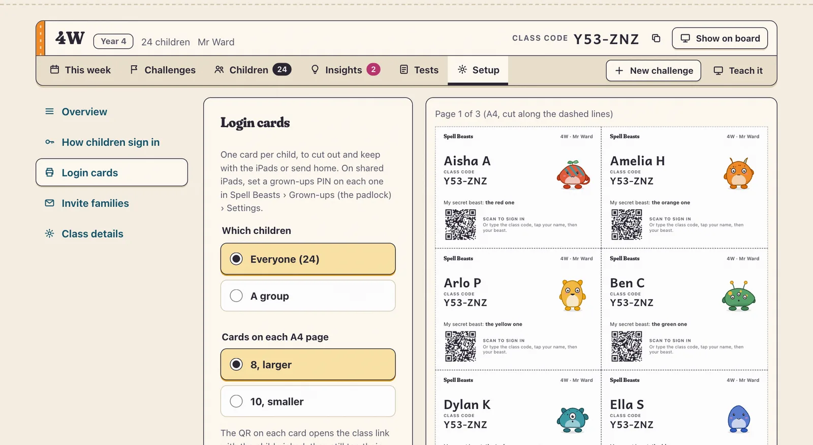 Login cards. Pupil codes are hidden on screen and printed only on the card.
