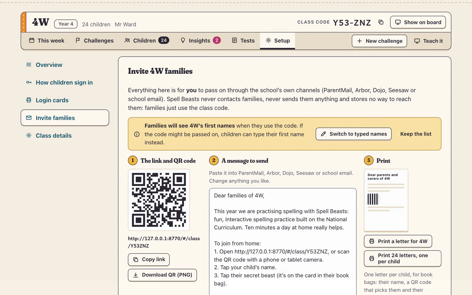 Invite families: the link and QR code, a message to send, and letters to print.