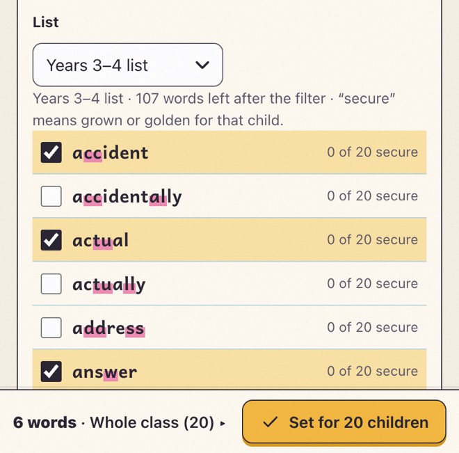 The teacher app setting this week’s words: words ticked from the Years 3 and 4 list, each showing how many of the 20 children have it secure, ready to set for the whole class.